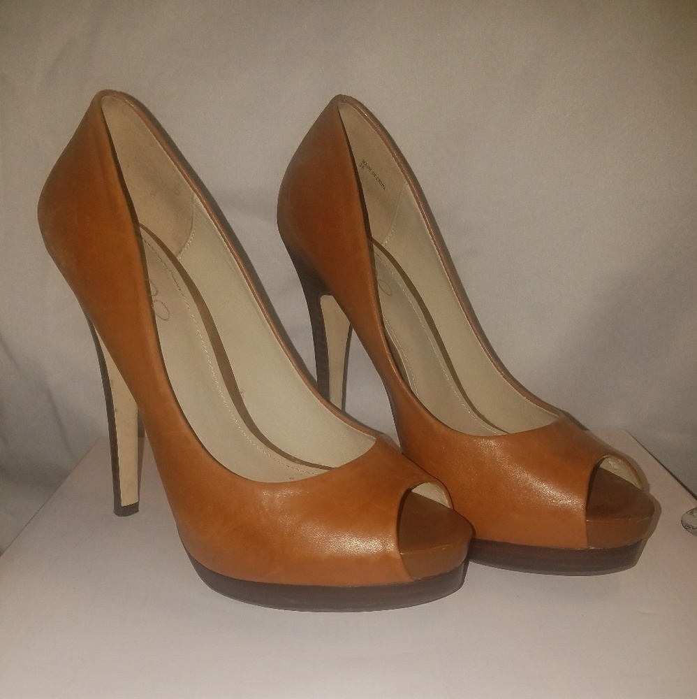 Cognac stiletto peep toe heel